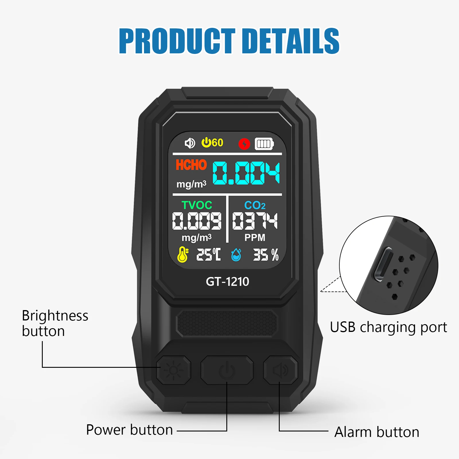 5-IN-1 Indoor Air Quality Monitor Formaldehyde Detector CO2 Monitor HCHO TVOC Temperature Humidity Tester Type-C Charging