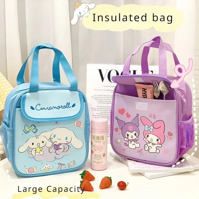 Sanrio Kawaii Kuromi Lunch Bag Anime My Melody Cinnmoroll Travel Thermal Breakfast Box School Child Large Capacity Tote Food Bag