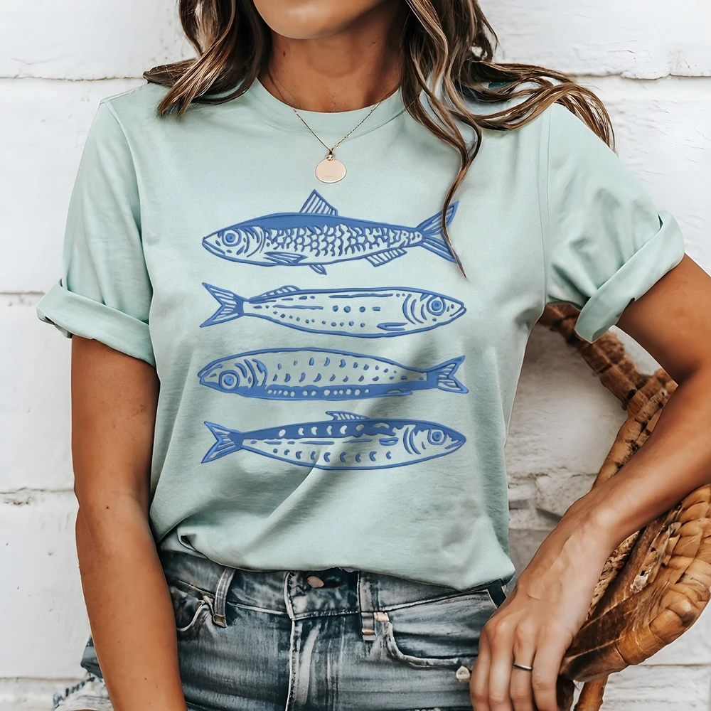 

Graphic T-shirt Blue Fish T-shirt All Cotton High Quality Oversize Colorful T-shirt Three Fishes Print Marine Y2K Trend