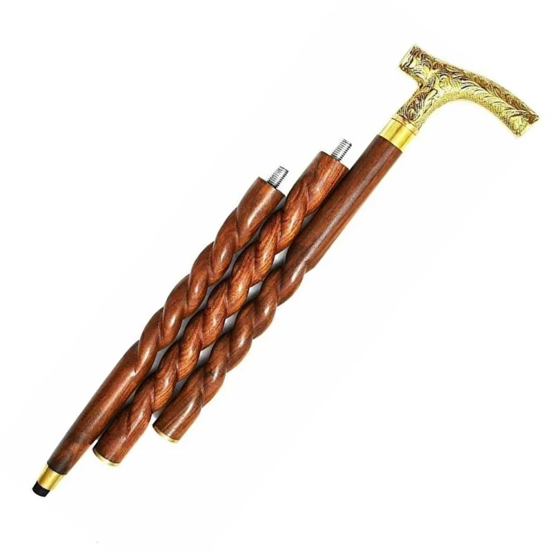 Handmade wooden cane with carved brass handle