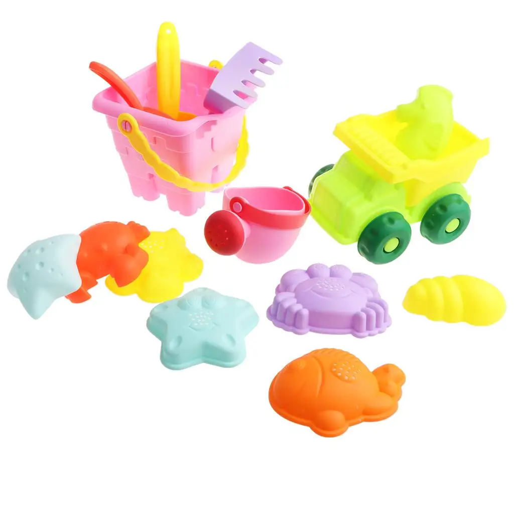 Set di giocattoli da 14 pezzi per bambini piccoli - Secchio quadrato, camion, pala, rastrello,