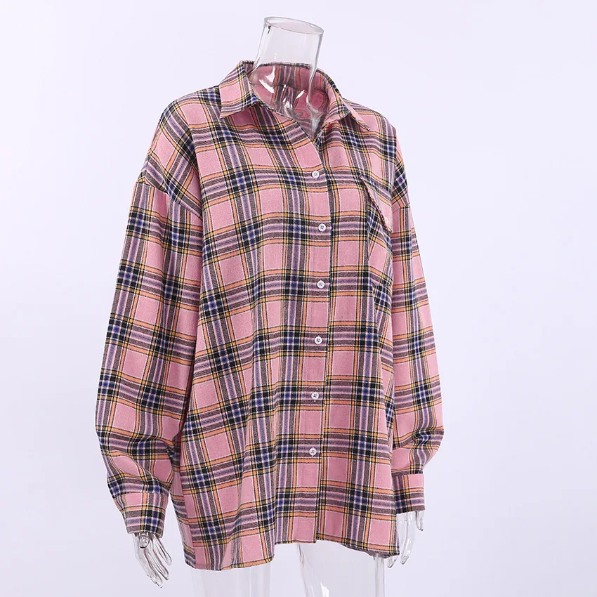 Pink Plaid Shirts Tops Women Gingham Casual Long Sleeve Single-Breasted Oversize Shirts for Women 2024 Fall Autumn Blouse Cloth