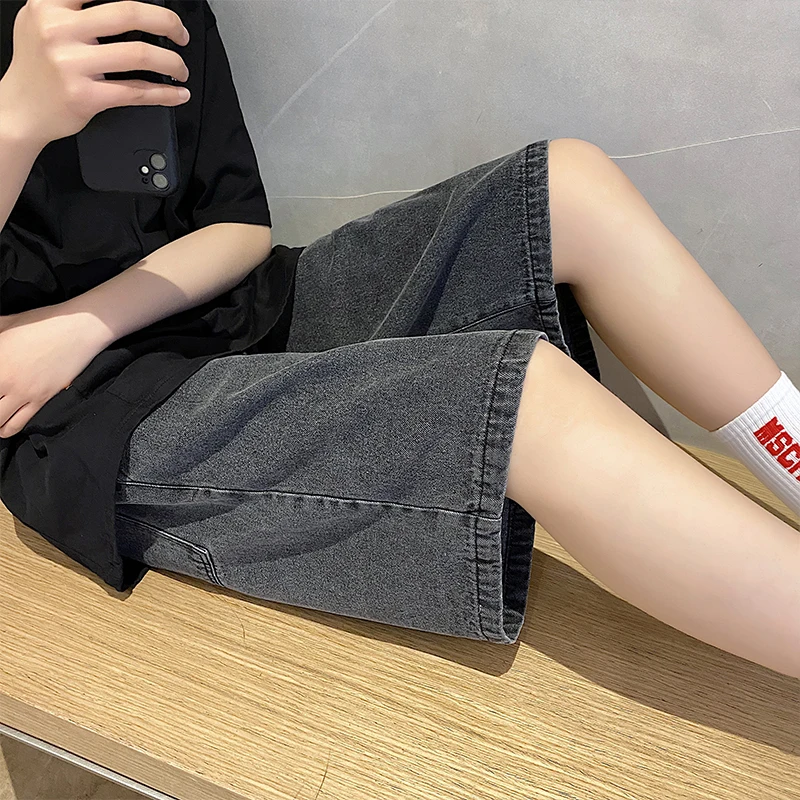 Denim Shorts Male Harajuku Fashion Baggy Retro Knee-length Pants Male Street Hip-hop Straight Casual Jeans Shorts