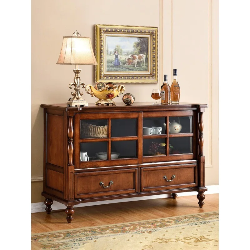 American side cabinet solid wood wine cabinet European retro sliding door tea cabinet aisle wall storage