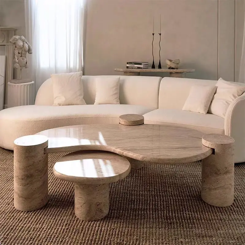 Oval Living Room Marble Coffee Table Set Travertine Marble Stone Top Travertine Side Coffee Table