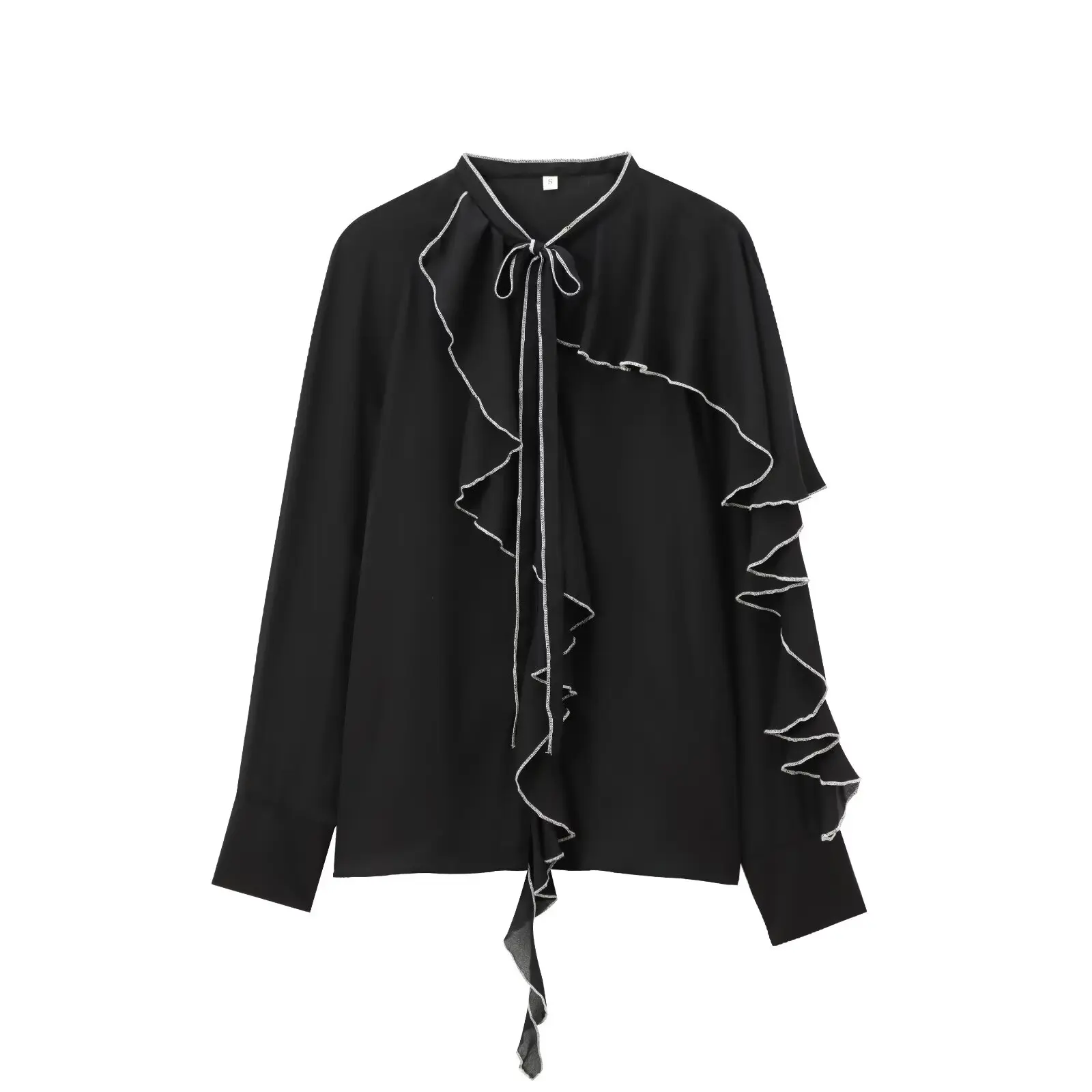 Jenny&Dave Minimalist White Border Black Shirt Color Blocking Cascading Ruffles Casual shirt Blouse Women Pullover Tops