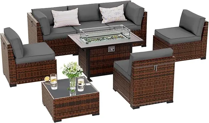 

8 Pieces Patio Furniture Set with Grid Top Fire Pit Table with Slanted Back, Patio Couch with Glass Coffee Table for Backyard