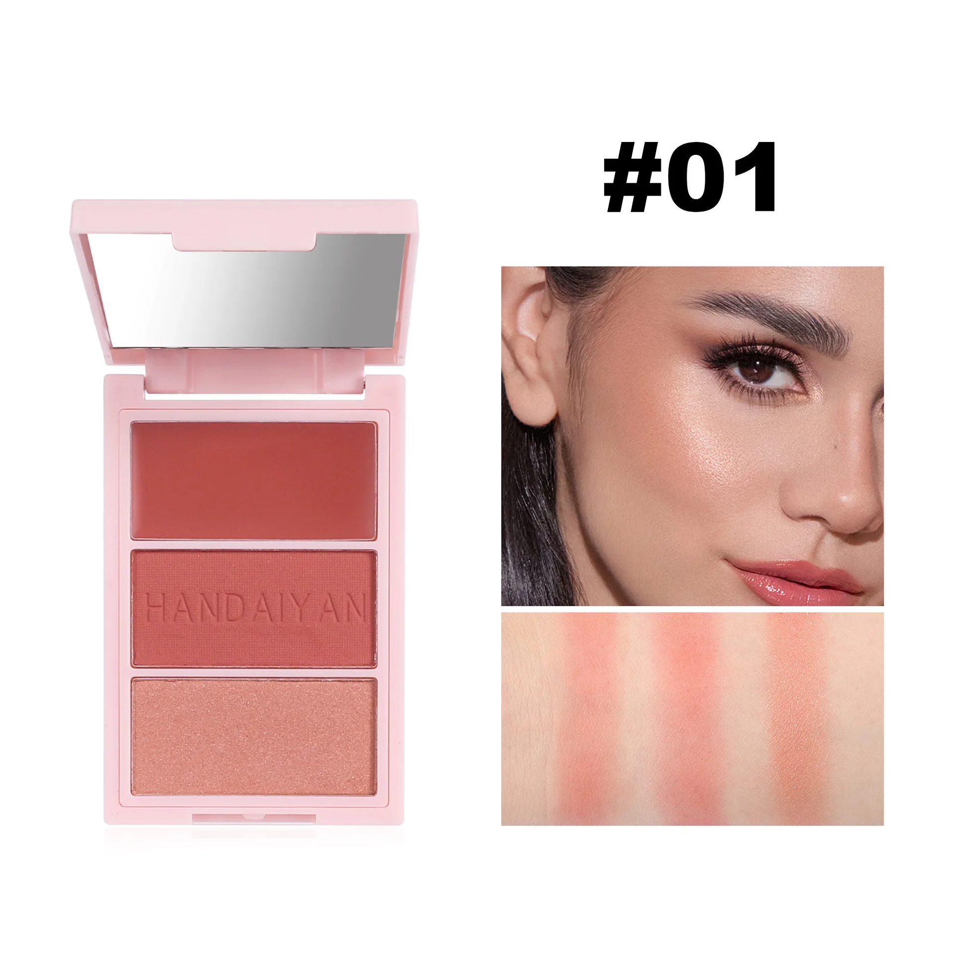 HANDAIYAN 3-in-1 Blush Palette Viso Illuminante Evidenziatore Contorno Trio con Ombretto Tonalità Trucco Compatto per Bagliore Naturale