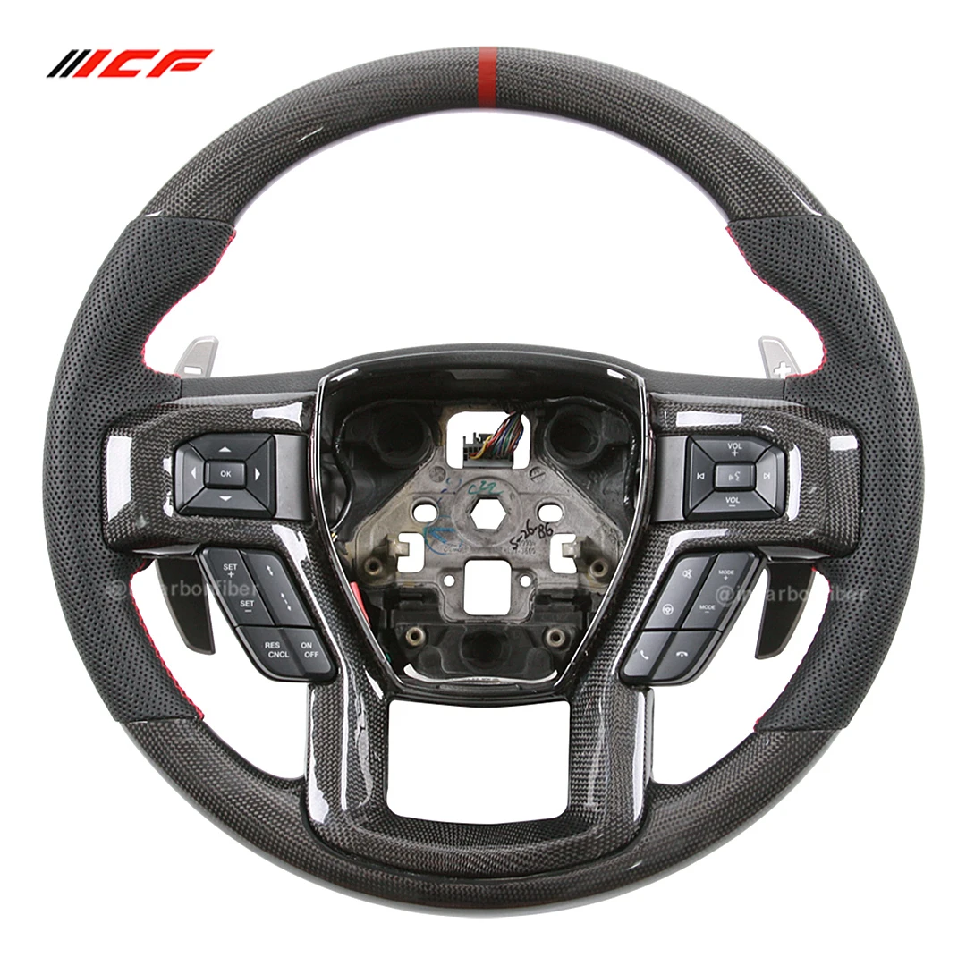 Real Customized Carbon Fiber Steering Wheel for Ford F-150 Perforated Leather Multiple Customized Solutions