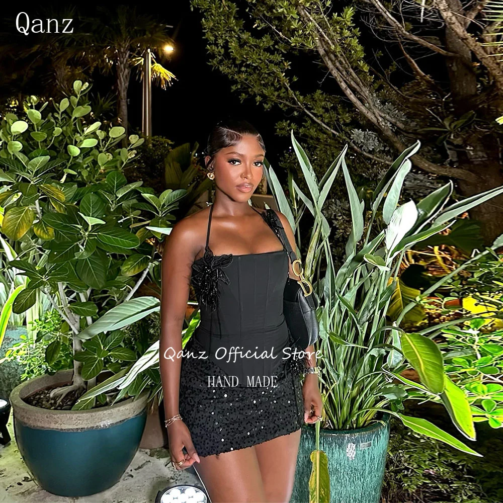 

Qanz Мини-платье для выпускного вечера из 2 предметов, черное платье-спагетти с блестками на день рождения, атласное сексуальное платье с перьями, Vestidos De Fiesta по индивидуальному заказу