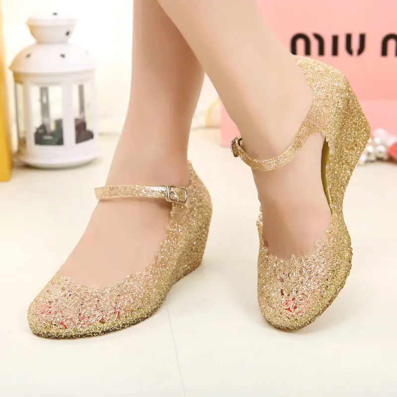 Crystal Wedges Sandals Women\'s Mary Jane Shoes Girls Cutout Nest Outdoor Golden Clogs Black Sequins Princess Ladies Wedge Shoes