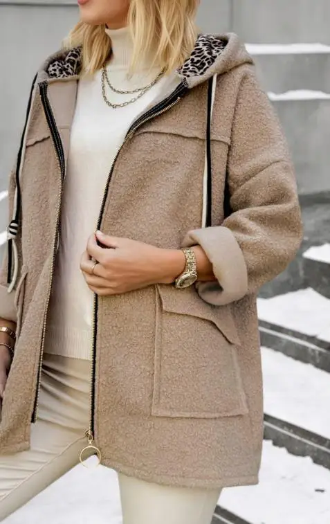 

Women's Jacket 2025 Autumn Winter New Solid Color Fashion Casual Pocket Design Loose Long Sleeve Hooded Fleece Zipper Jacket