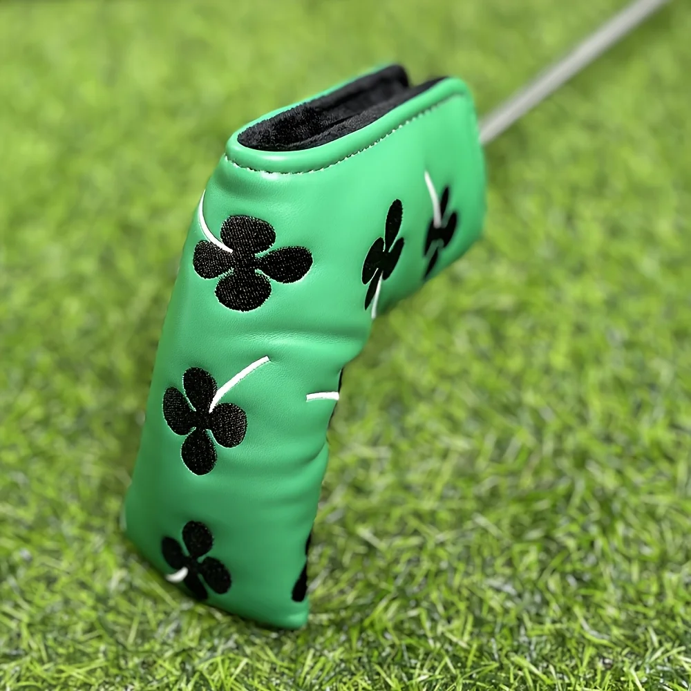 Couvre-tête de Putter de Golf imperméable en PU Durable, 1 pièce, avec conception de trèfle à quatre feuilles et fermeture à bande magique, vert herbe avec noir