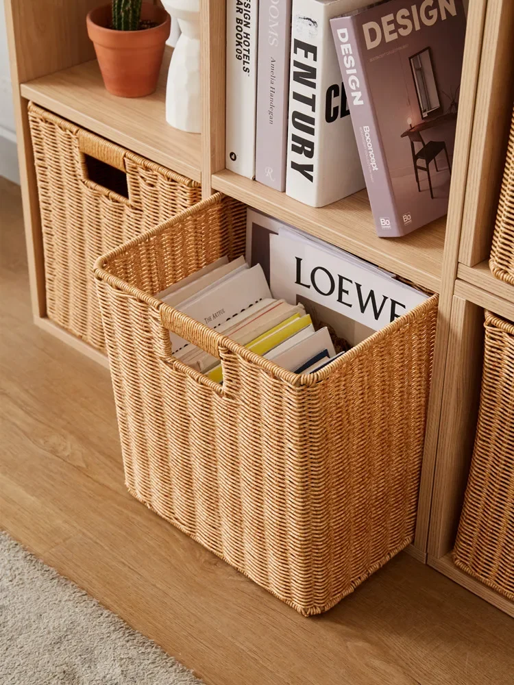 

Japanese grid cabinet rattan woven storage basket Imitation rattan woven storage basket Bookcase storage box Storage basket