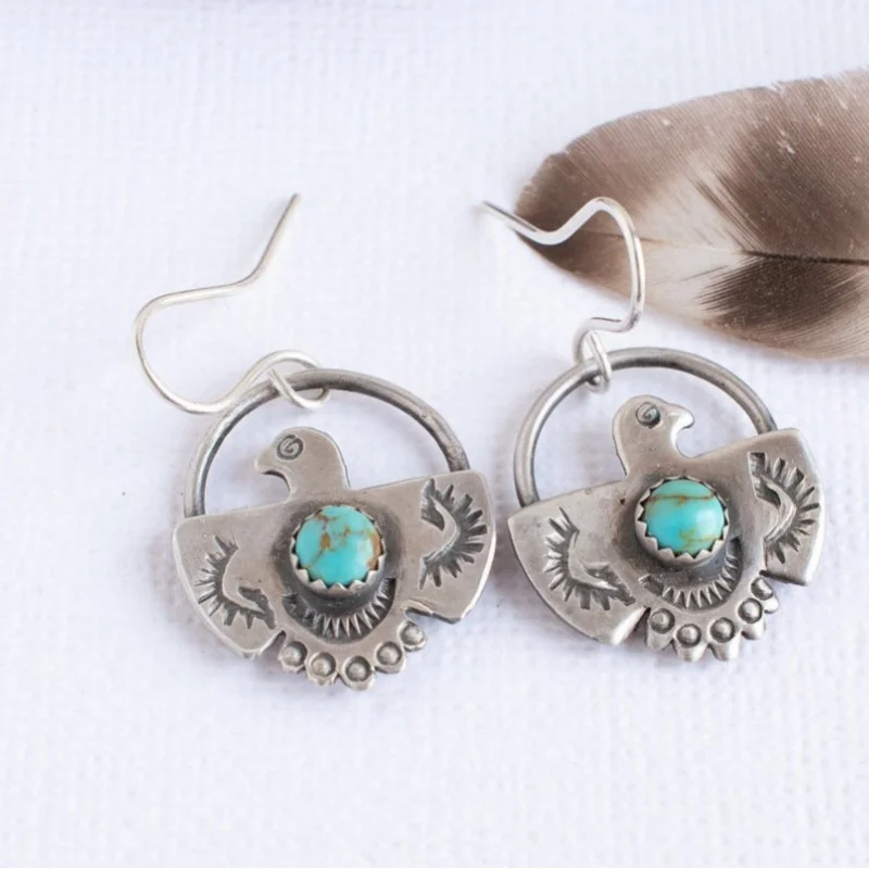 European American Style Retro Unique Eagle Charm Mom Earrings Bohemian Style Turquoise Inlaid Women's Studs Wholesale
