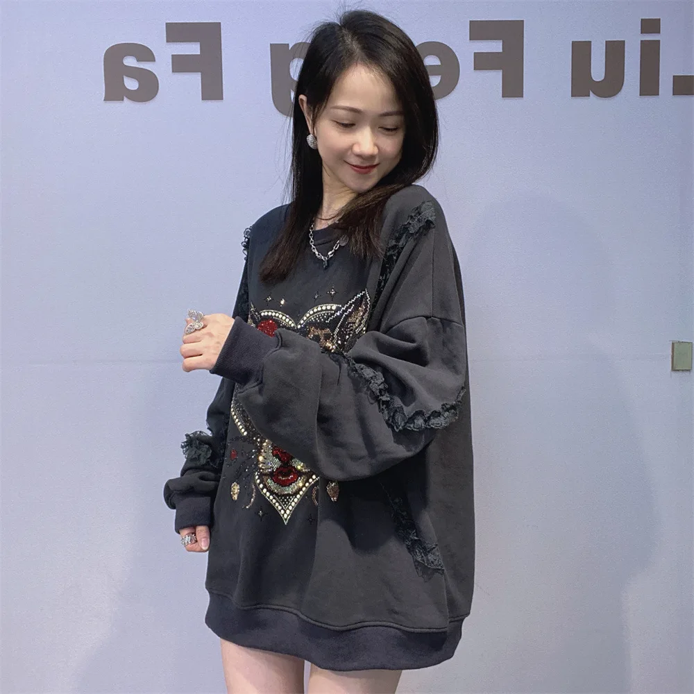 Crew Neck Terry Cotton Sweatshirt for Women Loose Fit Lace Patchwork Pullover Rhinestone Long Sleeve Top Streetwear Women