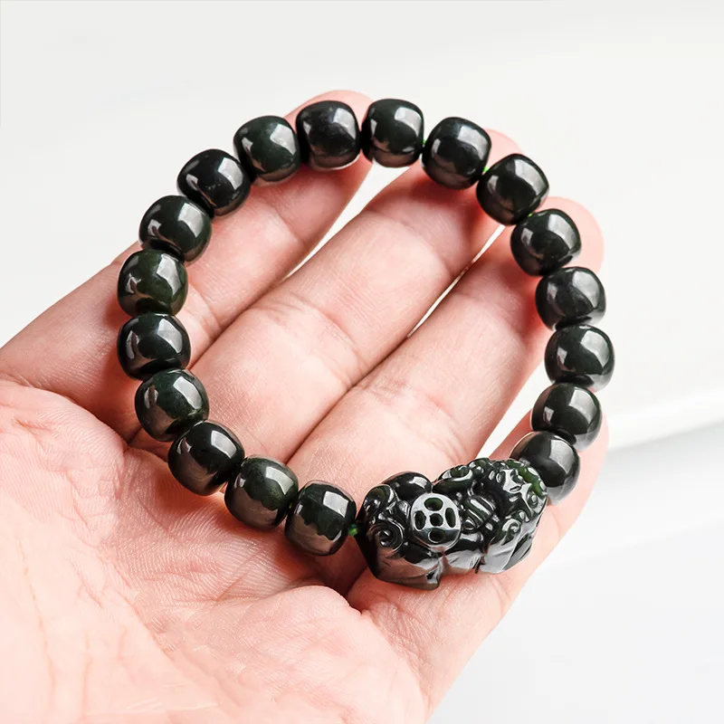 Authentic Natural Hotan Black Jade Mythical Wild Hand String Bucket Bead Leather Mound Bracelet Fashionable Men Women's Jewelry