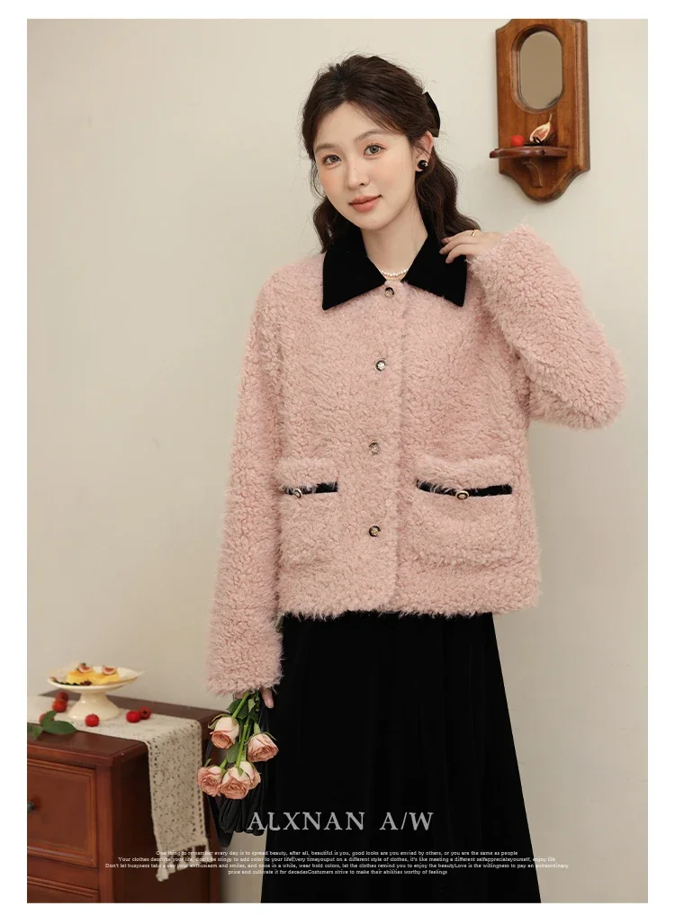 

ALXNAN Pink Loose Long Sleeve Coat Woman 2024 Autumn Winter Polo Collar Single Breasted Elegant Overcoat Women Clothing LXN32628