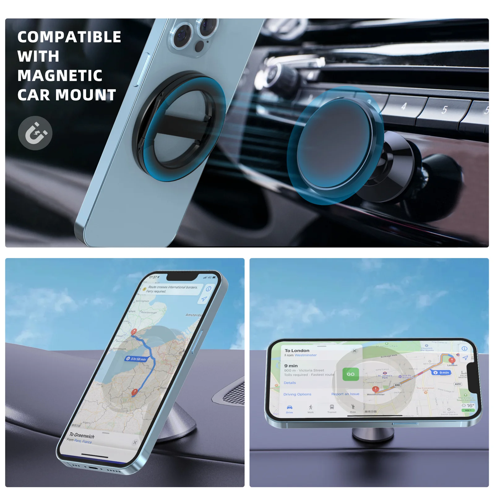 Magnetic Double-Sideded Phone Holder Ring 360 ° Rotation Removable Foldable Phone Stand Magnet Grip for iPhone 15 14 13 Pro Max