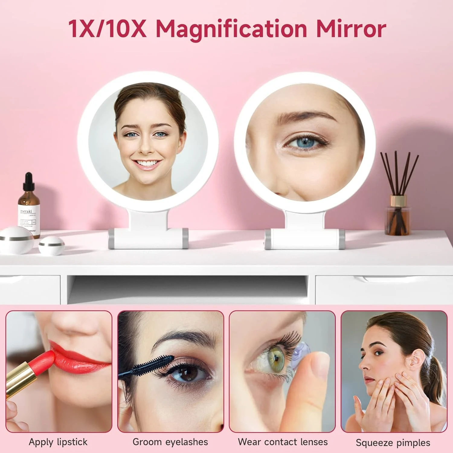 Portable Double-Sided Lighted Makeup Mirror with 10x Magnifying - LED Lights, Foldable Stand - Bonus Tweezers