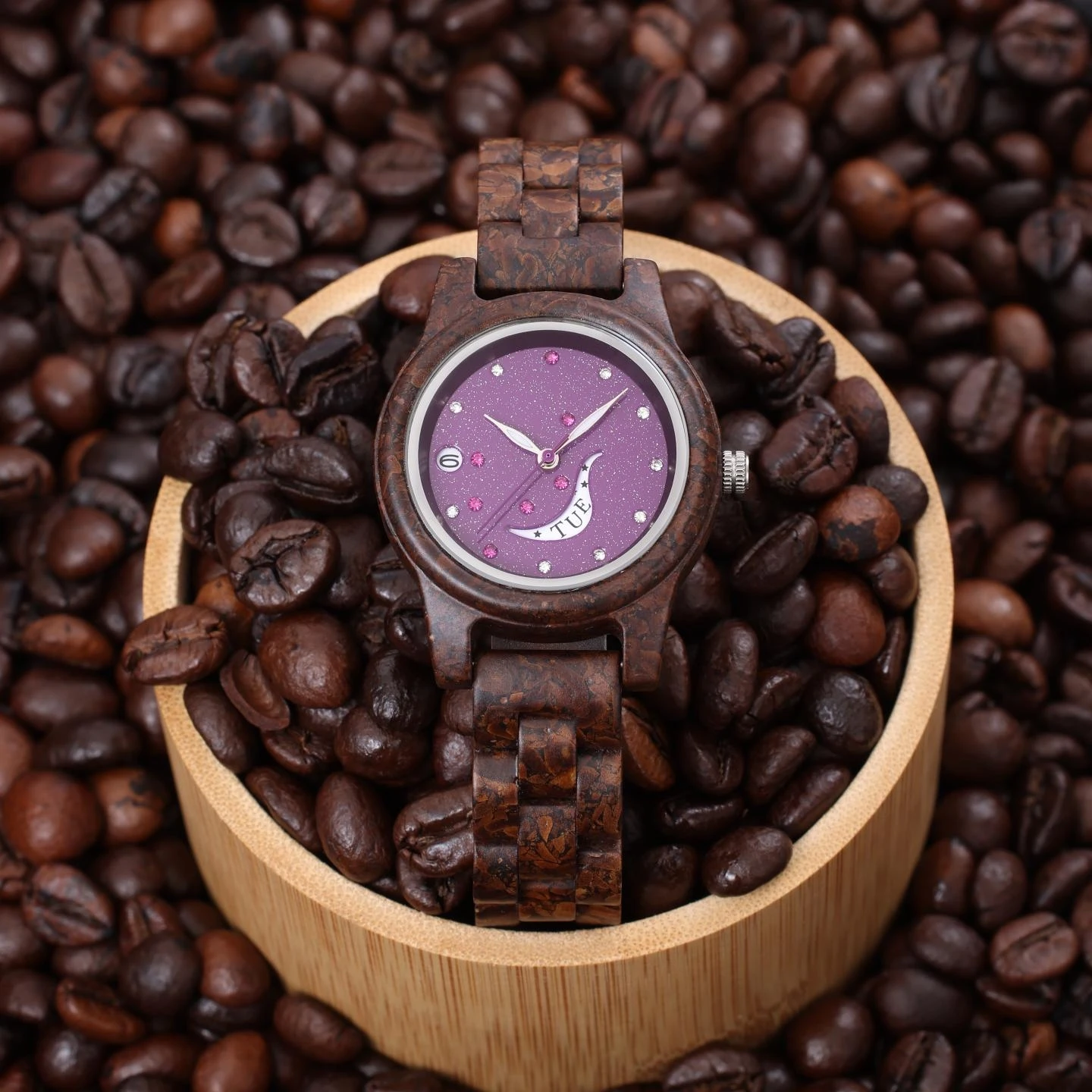 Woman Watch made of coffee beans with Natural crystal sandstone Dial Lady watch
