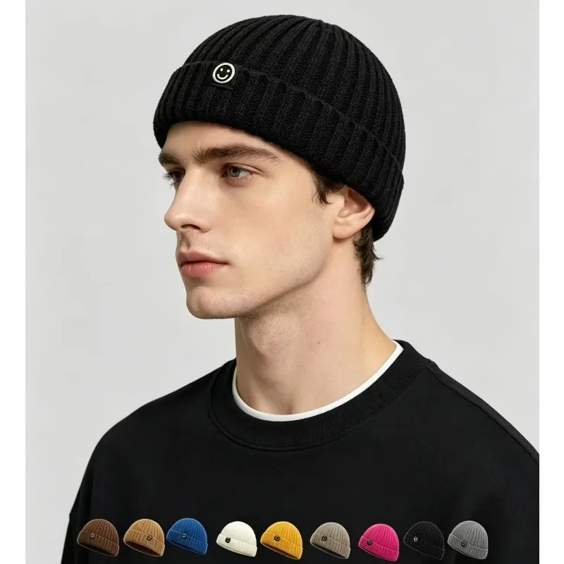 Unisex Short Ribbed Knit Beanie Smiley Face Patch Cuffed Winter Warm Ribbed Knitted Casual Skull Cap for Men Women