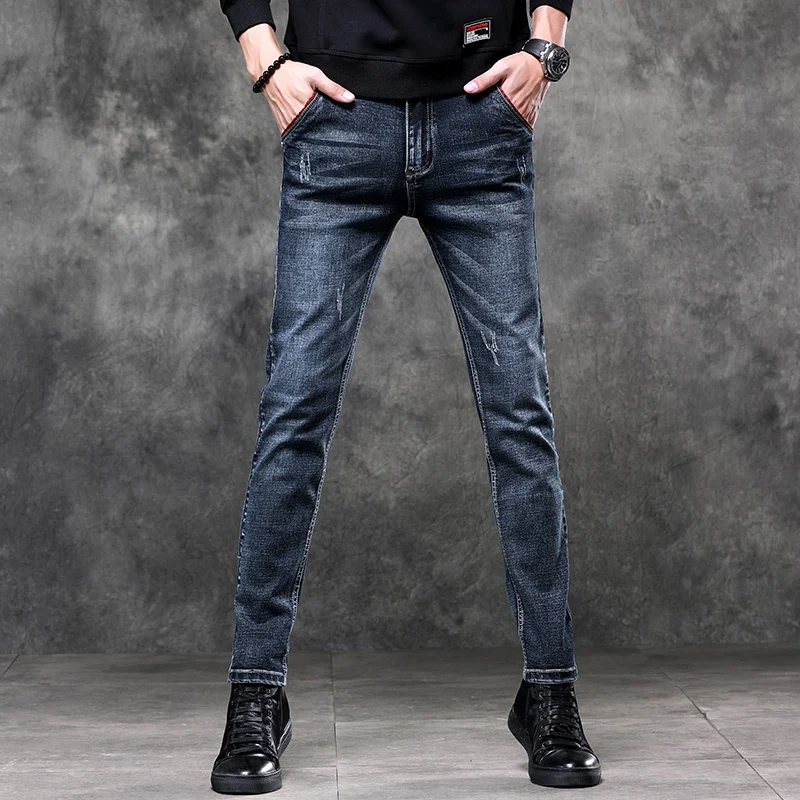 2024 New Men's Straight Slim Jeans High Street Casual Versatile Skinny Stretch Jeans Korean Fashion Streetwear Men's Clothing