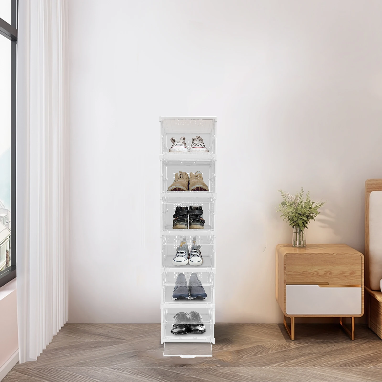 6x Stackable Shoe Cabinet Transparent Doors Shoe Storage Organizer Folding Box, Folding Shoe Box Stackable Shoe Cabinet