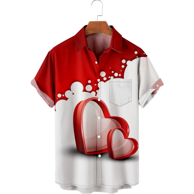 2024 Summer Hawaii Shirt 3D Printed Red Heart Cartoon Men's Short Sleeve Shirt Fashion Button Polo T-Shirt Casual Clothing