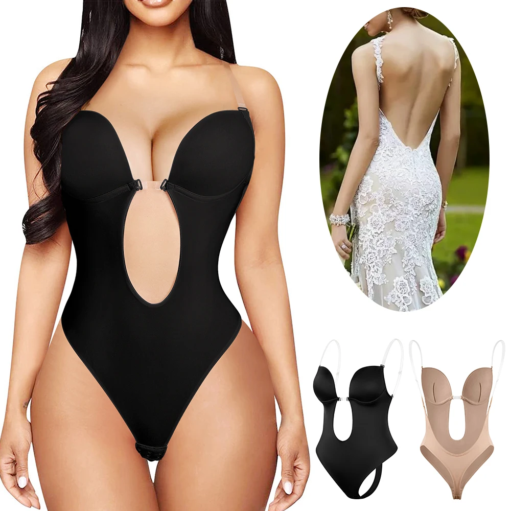 

Women Shapewear Bodysuit Deep V-Neck Body Shaper Backless U Plunge Thong Panty Shapers Waist Trainer Padded Bra Sexy Tank Tops