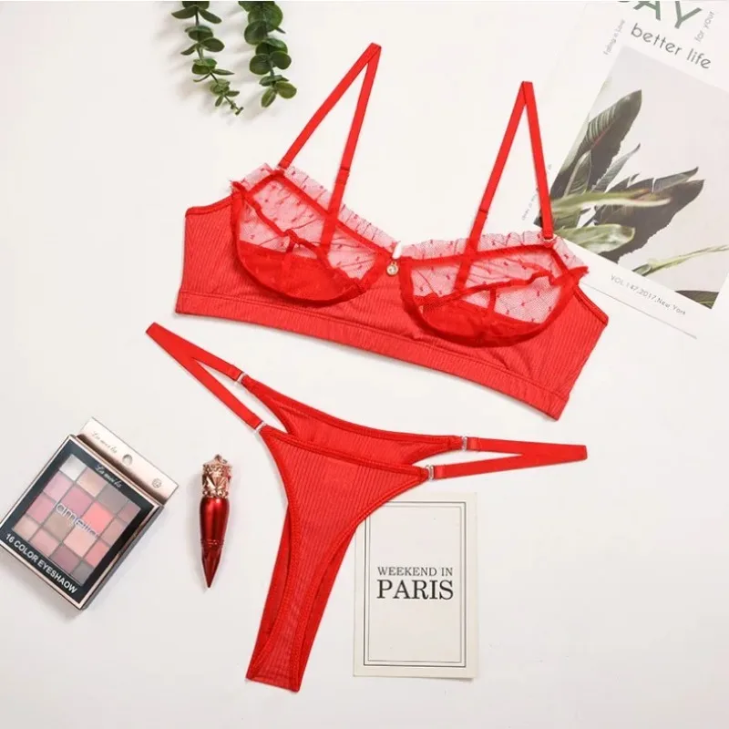 

2025 Sexy Lingerie Woman Dot Lace Transparent Underwear Brief Set Delicate Bra Kit Push Up Breves Sets Thin Erotic Bras Non-pad
