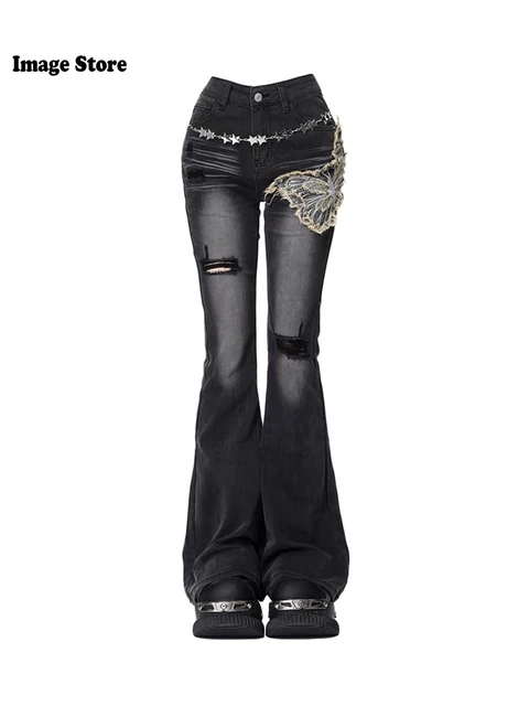 Kobiety Koreański Grunge Dark Academia Gyaru Low Rise Damage Denim Flare Pants Y2k Japanese Harajuku Long Trousers Jean Bell Bottoms