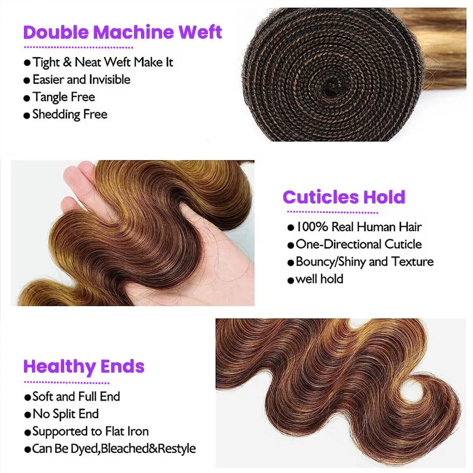 Human Hair Bundels Met Frontale Body Wave Highlight Honingblonde P4/27 3 Bundel Met 13X4 Lace Frontale Braziliaanse Hair Extensions