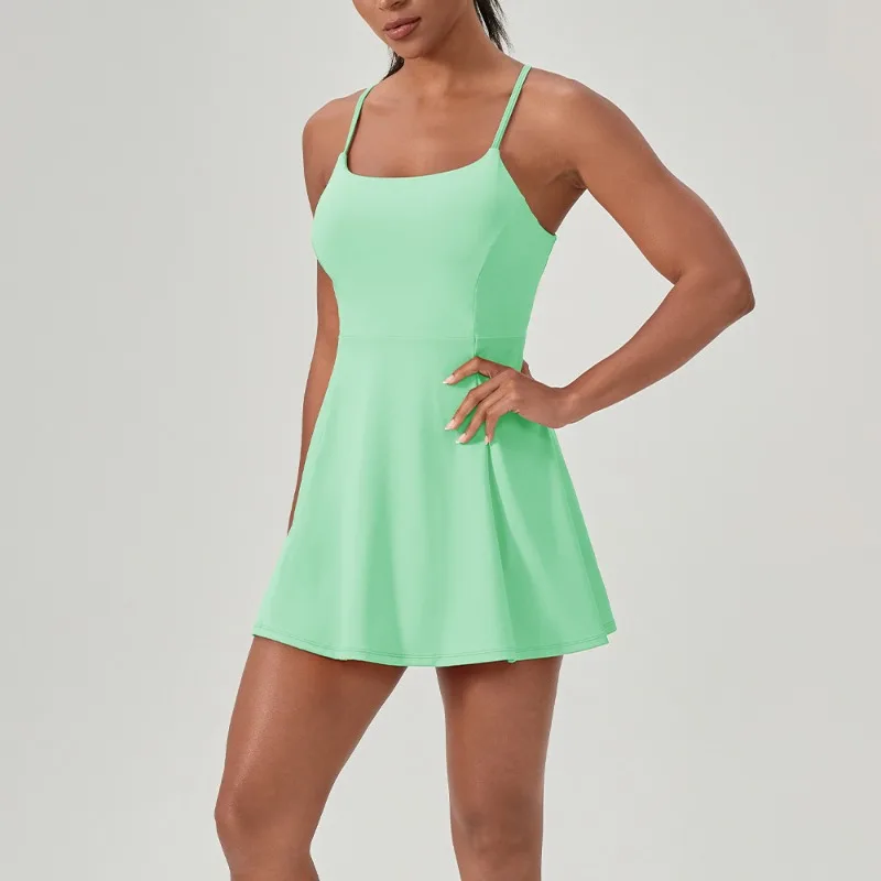 

Girls summer fitness one-piece tennis skirt with chest pad nude quick-drying sports running dress short stylish and elegant