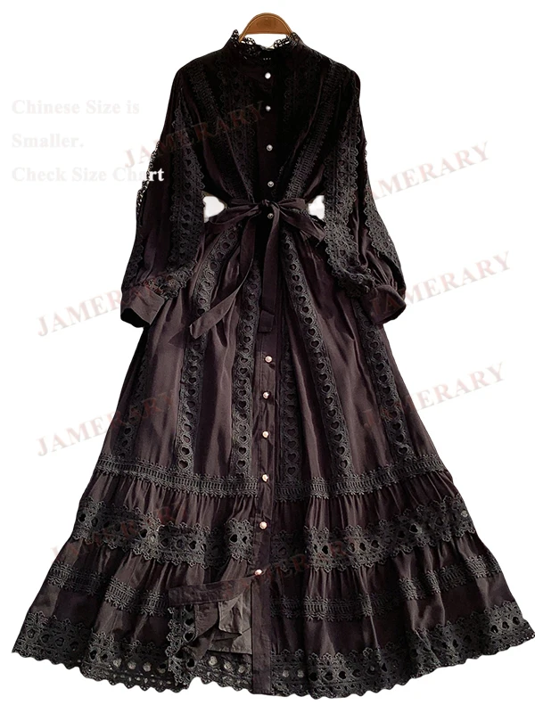 Renda retalhos suporte oco para fora manga longa maxi vestido camisa feminina outono inverno único breasted bordado vestidos de noite