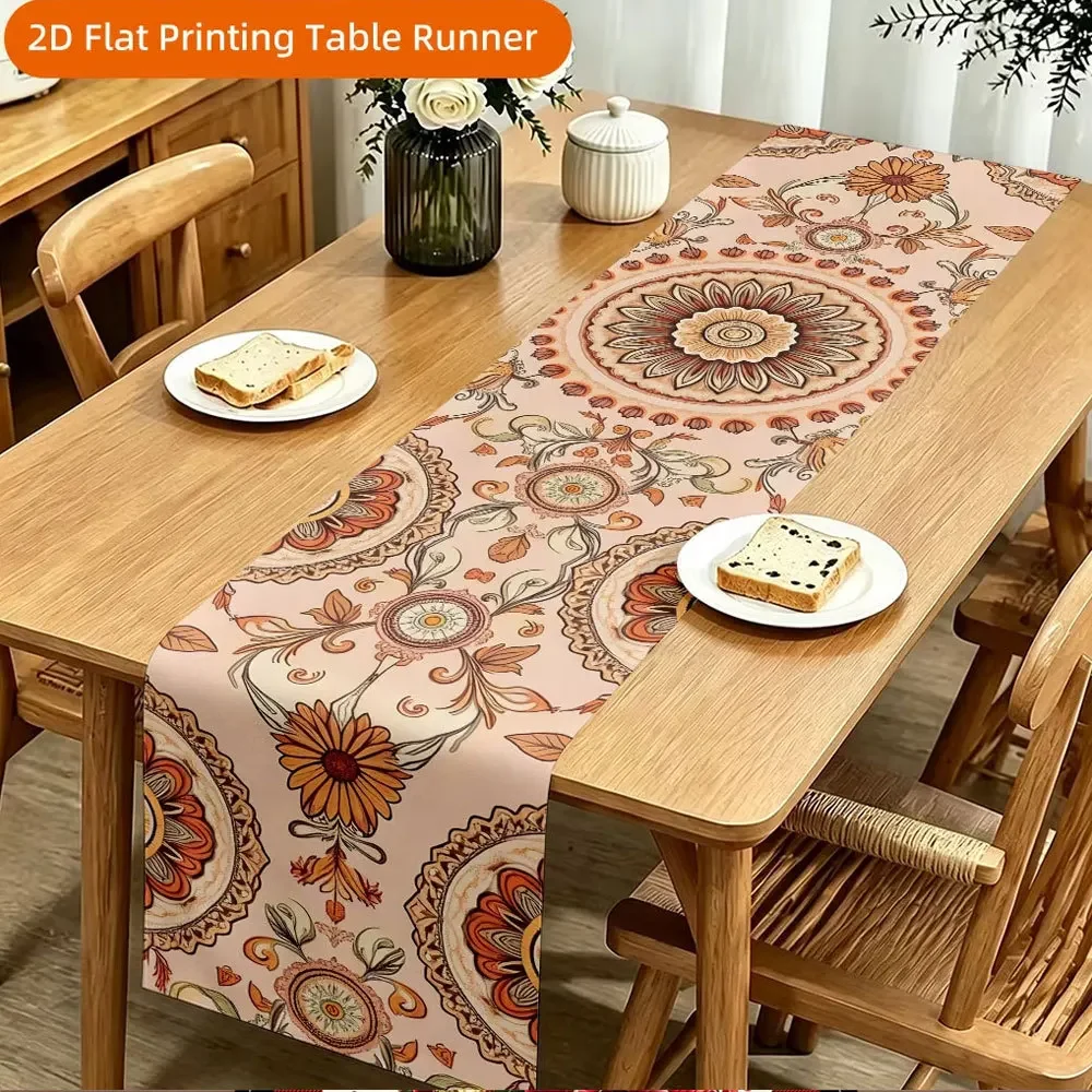 Linen Table Runner Featuring Pinecones Maple Leaves Pumpkins on Off White Cozy Autumn Table Decor Dining Room