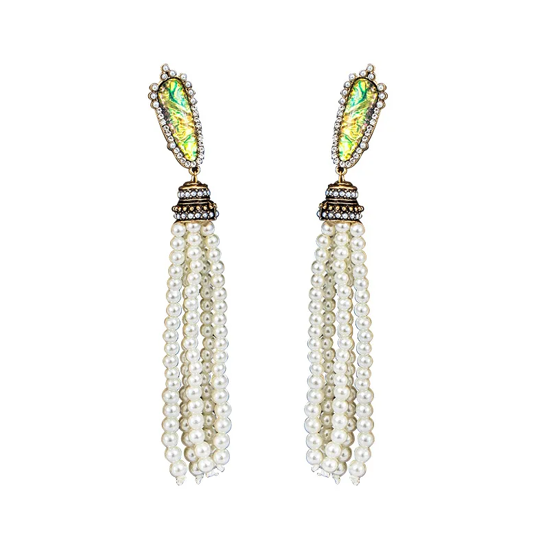 

Vintage Jewelry Accessories Wholesale Long Crystal Pearl Beaded Tassel Charm Faux Abalone Shell Boho Bohemian Earrings for Women