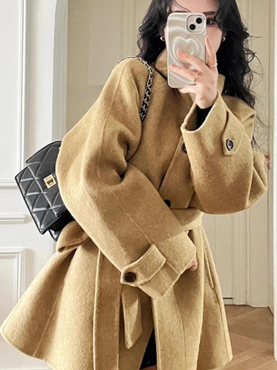 

Khaki ort Double-Sided Camere Woolen Coat for Women Autumn Winter New Sle Small Size Woolen Outerwear Korean Sle