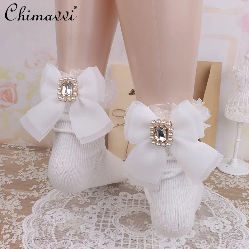 Sweet and Cute Lolita Japanese Style Bow Pearl Rhinestone Wooden Ear Casual Elegant Women's Socks 2024 Autumn Fashion Socks