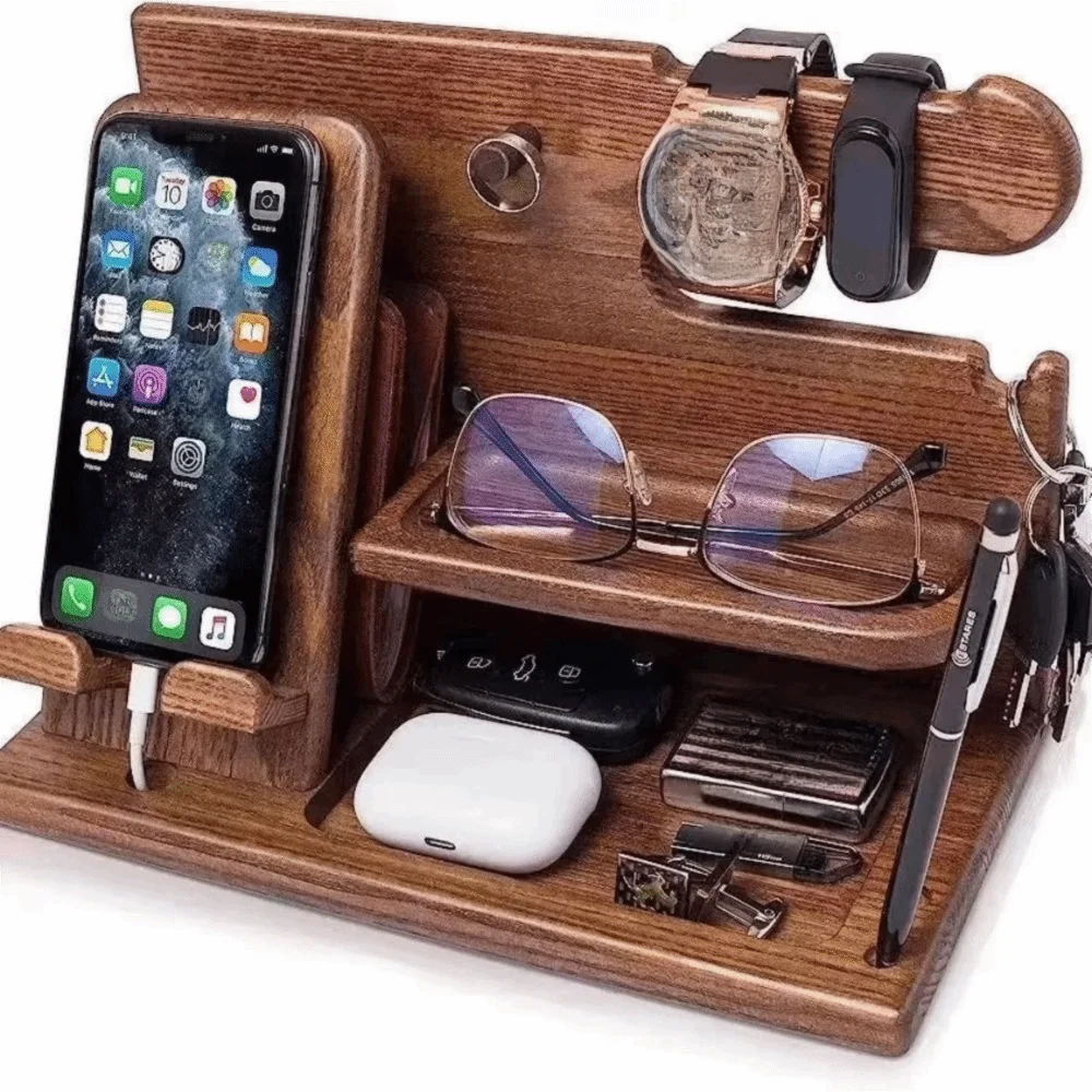 

Solid Wood Charging Phone Holder Stable Groove Design Space Saving Phone Docking Station Detachable Desk Organiser Bedside