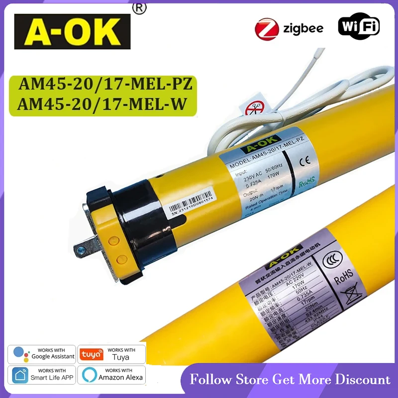 

A-OK AM45 20 17 Smart Rolling Blinds Lifting System Compatible with Tuya WiFi Zigbee RF433 Customizable Blind Width 50mm-85mm