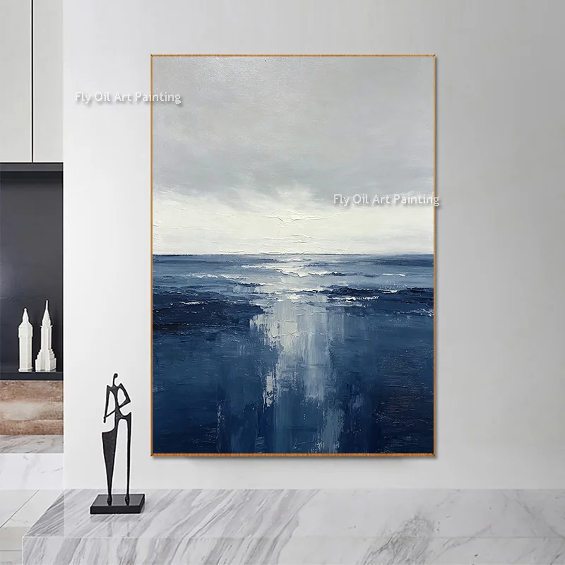 Palette Knife Hand Made Ocean Reflection Oil Painting Modern Blue Seascape Canvas Wall Decor Fashional Design Artwork For Room