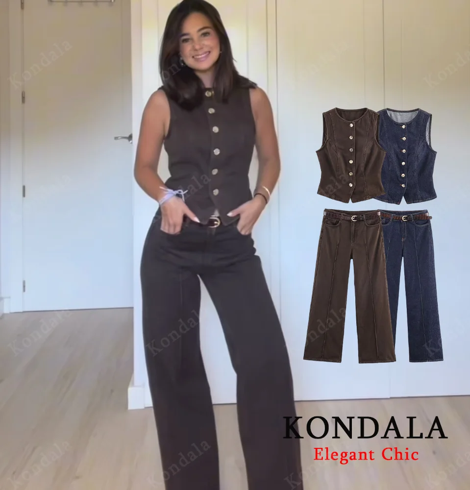 KONDALA Women Vintage Denim Set Buttons Vest or Belted Wide Leg Pant 2025 Spring Fall Fashion Mujer High Street Casual Pants Set