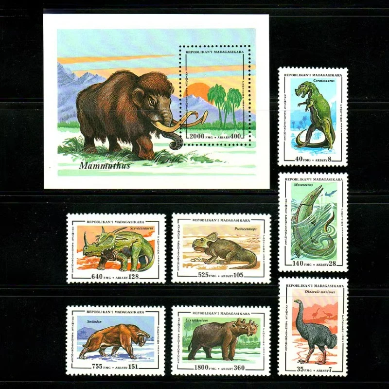 7 PCS+1, Madagascar, 1994, Prehistoric Animals, Real Original Post Stamps, MNH