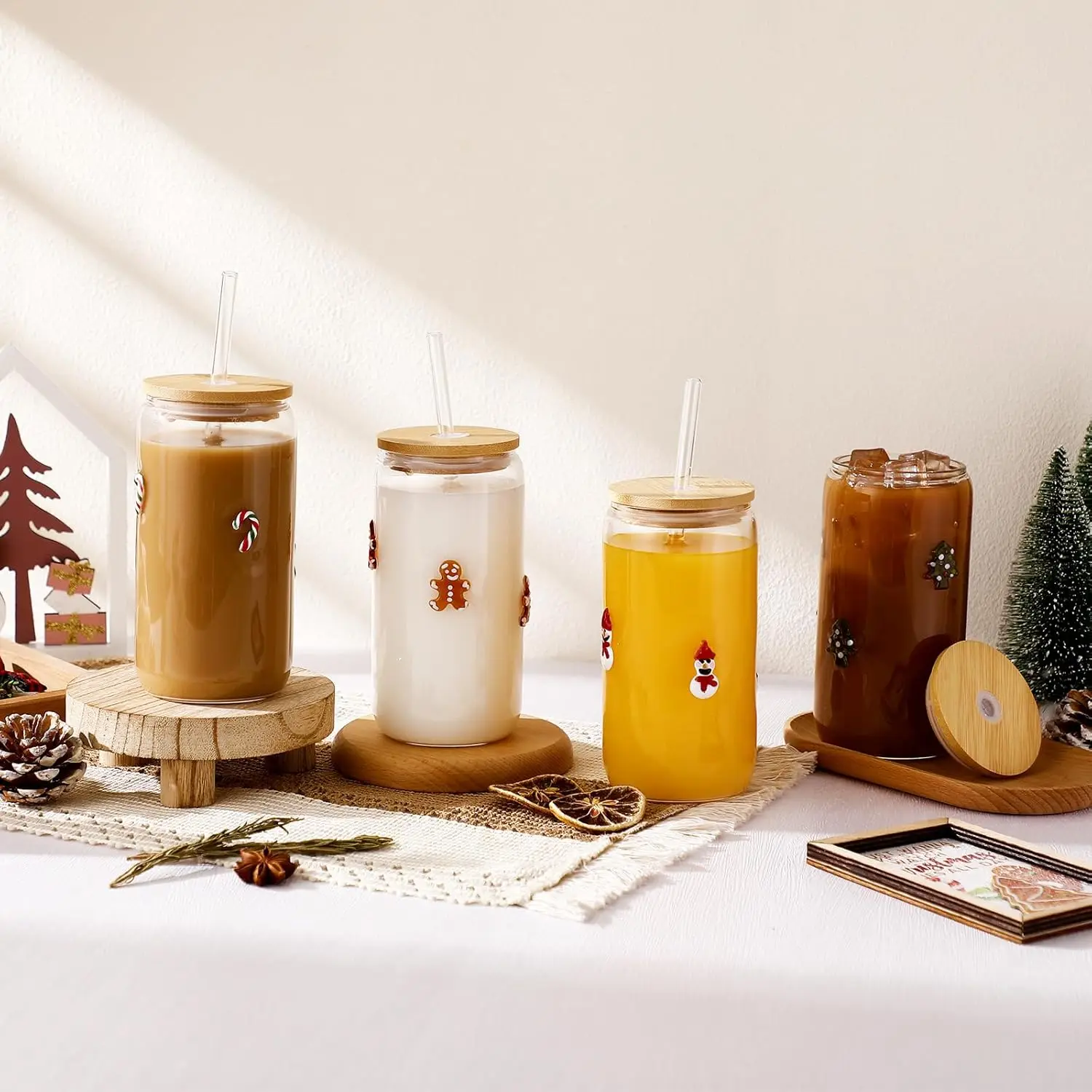 

4 Pcs Icon Juice Glass Tumblers - 17 oz Christmas Icon Glass Cups with Lid, Straw and Cleaning Brush, Tea Beer Coffee S