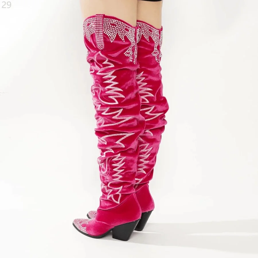 2026 Luxurious Royal Blue Velvet Chunky Heel Tall Boots Over The Knee Thick Heel Dress Boots Fall Winter Westen Shoes 44 view 2