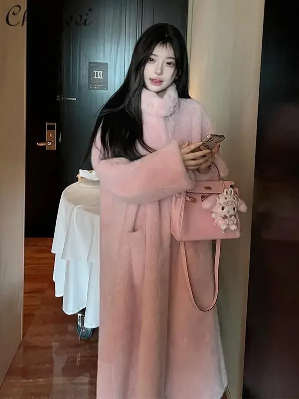 Pink European Mink Extended Fur Coat Winter Fashion Fur Integrated Loose Warm Elegant Imitation Mink Stand-up Collar Fur Coat