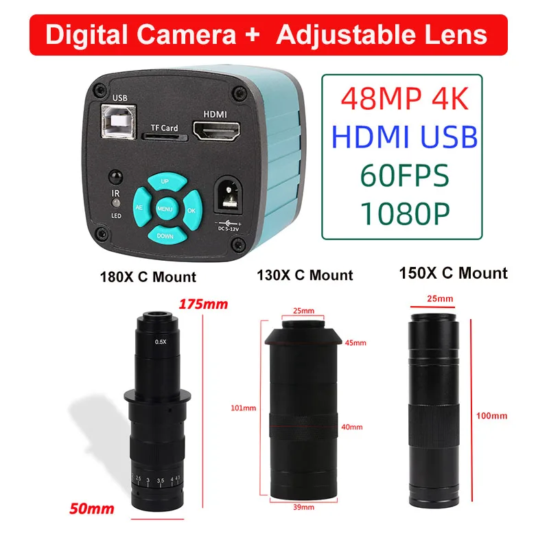 180X/130X/150X C Mount Lens 48MP HDMI USB 1080P 60FPS 4K 4800W Industrial Electronic Digital Video Microscope Camera Magnifier