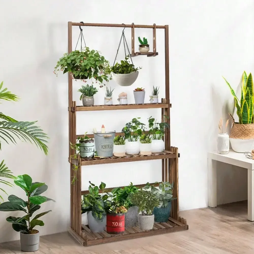 3Tier Wood Hanging Plant Rack Flower Display Stand Planter Shelf for Patio Offic