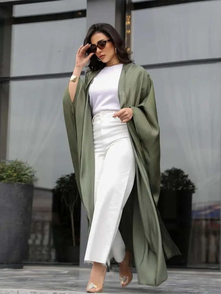 Eid Plain Satin Open Robe Kimono Femmes Musulmane Abaya Dubai Muslim Modest Long Dresses Islam Clothing Abayas For Women Kaftan